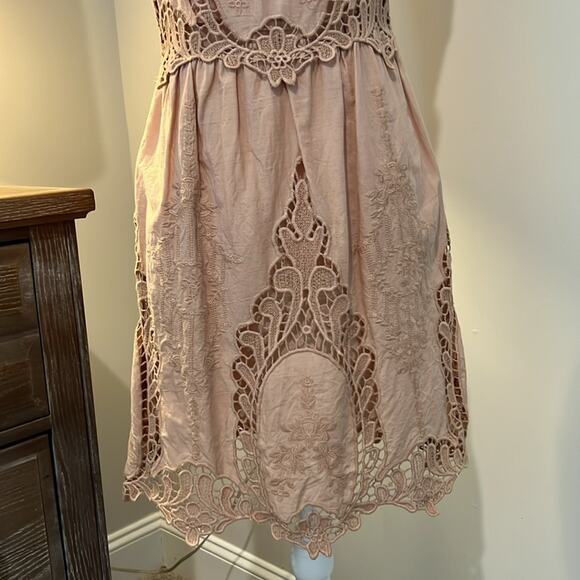 Anthropologie embroidered tan sleeveless dress Sz M Medium Romantic Lined Boho - Picture 3 of 16